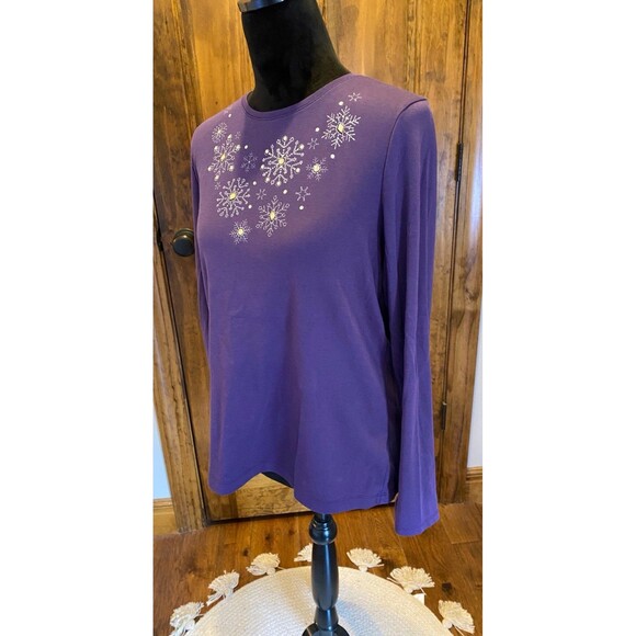 croft and barrow Purple Large T Shirt Top w/Glittery Holiday Snowflakes Stretchy - Picture 3 of 6